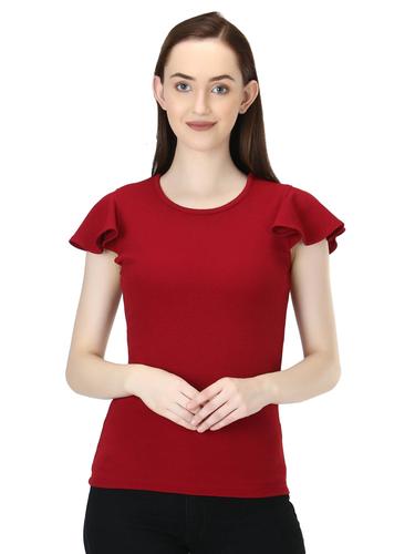 Round Neck Short Flutter Sleeves Top. (Maroon)