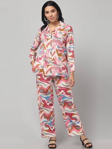 Stylish Co Ord Set For Women || Relaxed Fit Shirt & Wide-Leg Pants. (Pink)