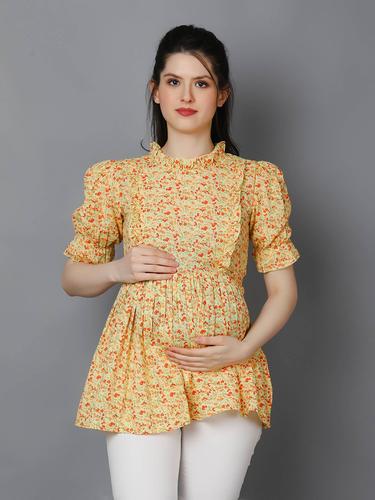 Bloom & Breathe Floral Maternity Peplum Top. (Lemon)