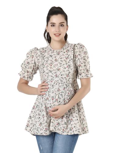 Bloom & Breathe Floral Maternity Peplum Top. (Grey)