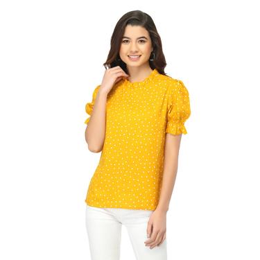 Printed Polkas Rayon Ruffle Sleeve Summer Top. (Mustard)