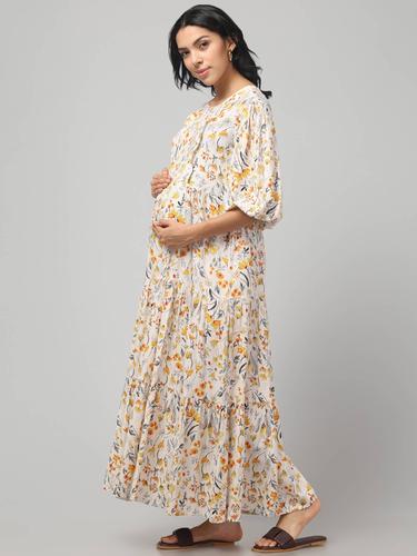 Maternity Feeding Dress With Balloon Sleeves. (Cream)