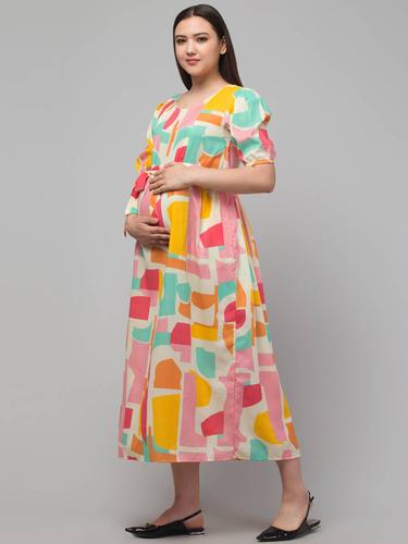 Maternity Feeding Dress With Puffed Sleeves. (Pink)
