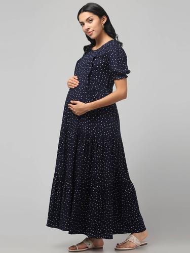 Pretty Polkas Tiered Maternity & Nursing Maxi Dress. (Navy)