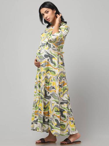 Maternity Feeding Dress With Balloon Sleeves. (Green)