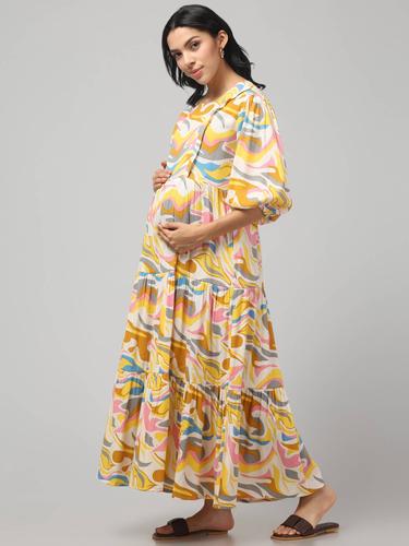 Maternity Feeding Dress With Balloon Sleeves. (Lemon)