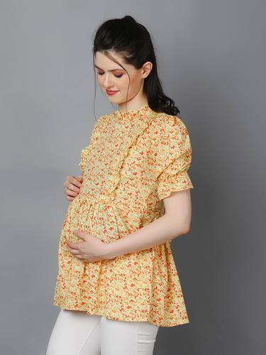 Bloom & Breathe Floral Maternity Peplum Top. (Lemon)