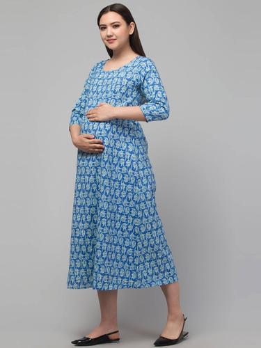 Cotton Maternity Feeding Dress With Zippers For Nursing. (Peacock)
