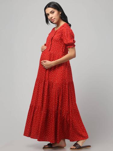 Pretty Polkas Tiered Maternity & Nursing Maxi Dress. (Red)