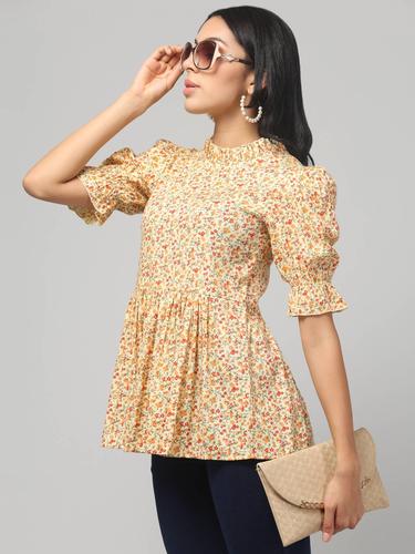 Cotton Printed Ruffled Neck Flared Short Kurti. (Lemon)