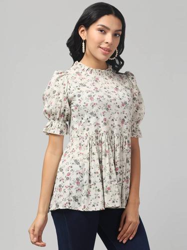 Cotton Printed Ruffled Neck Flared Short Kurti. (Grey)