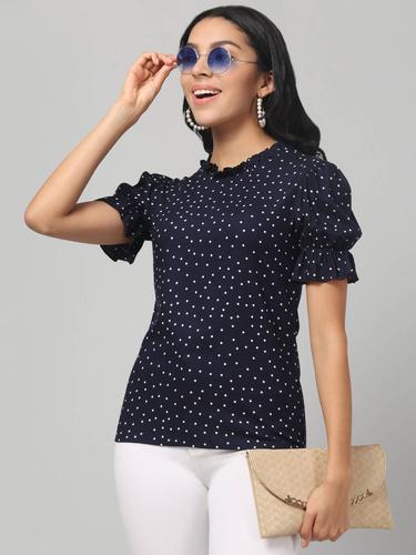 Printed Polkas Rayon Ruffle Sleeve Summer Top. (Navy)