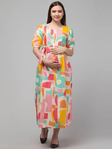 Maternity Feeding Dress With Puffed Sleeves. (Pink)