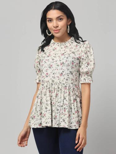Cotton Printed Ruffled Neck Flared Short Kurti. (Grey)