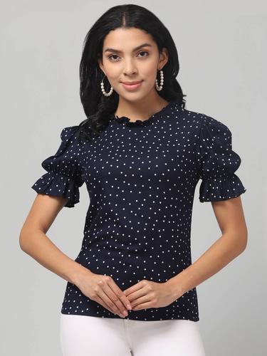 Printed Polkas Rayon Ruffle Sleeve Summer Top. (Navy)