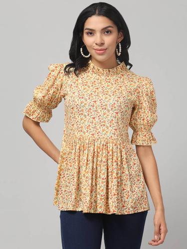 Cotton Printed Ruffled Neck Flared Short Kurti. (Lemon)