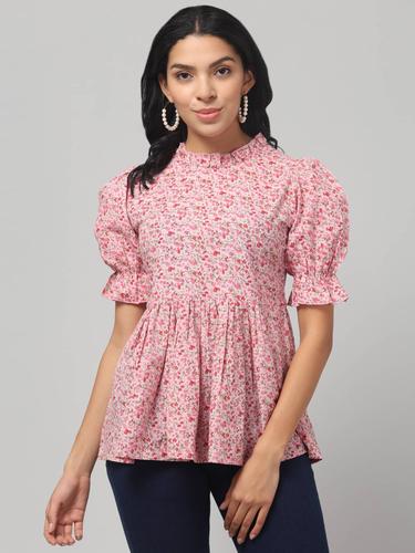 Cotton Printed Ruffled Neck Flared Short Kurti. (Pink)