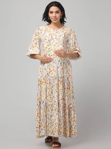 Maternity Feeding Dress With Balloon Sleeves. (Cream)