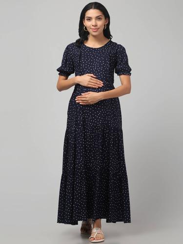 Pretty Polkas Tiered Maternity & Nursing Maxi Dress. (Navy)