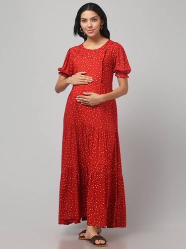 Pretty Polkas Tiered Maternity & Nursing Maxi Dress. (Red)