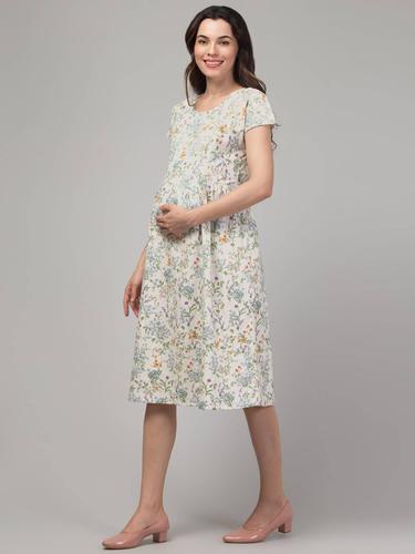 Maternity Feeding Cotton Linen Dress with Zippers. (Pearl)