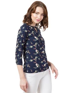 Rayon Floral Band Collar Top. (Navy Blue)