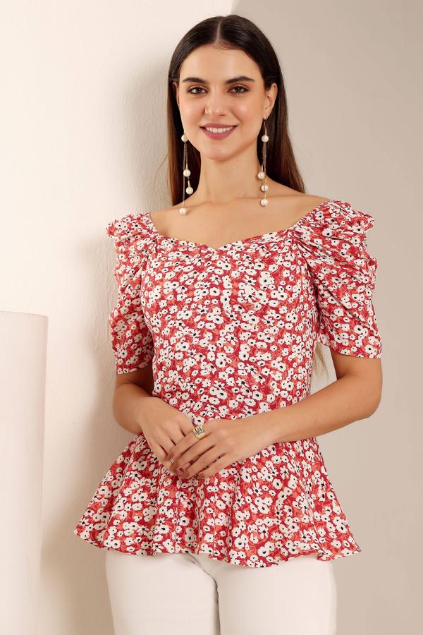 Summer Floral Peplum Top With Puffed Sleeves. (Floral)