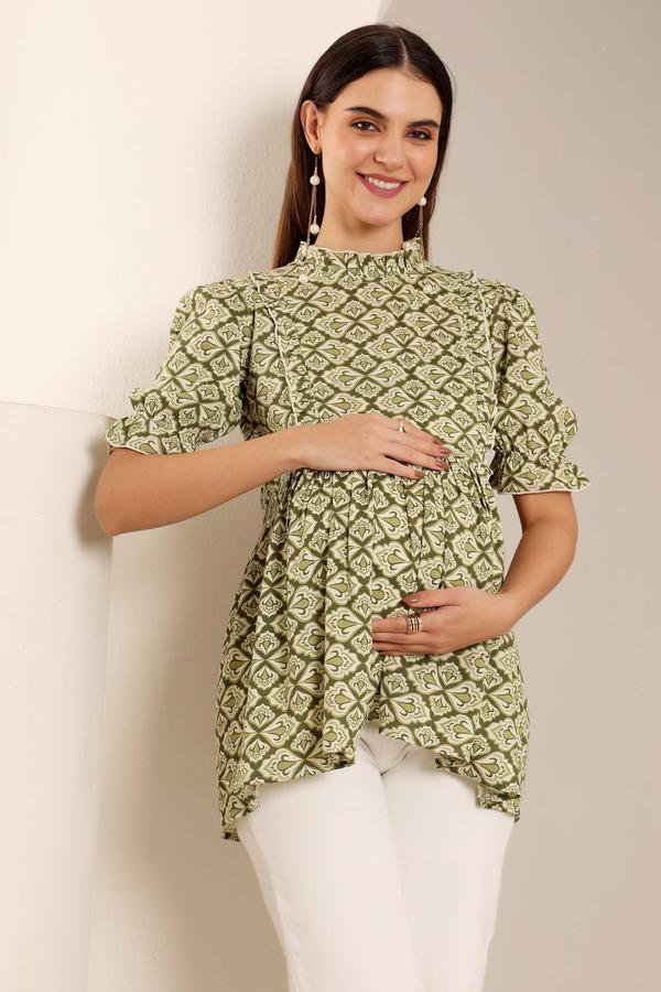 Bloom & Breathe Floral Maternity Peplum Top. (Green)
