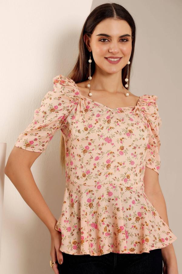 Summer Floral Peplum Top With Puffed Sleeves. (Peach)