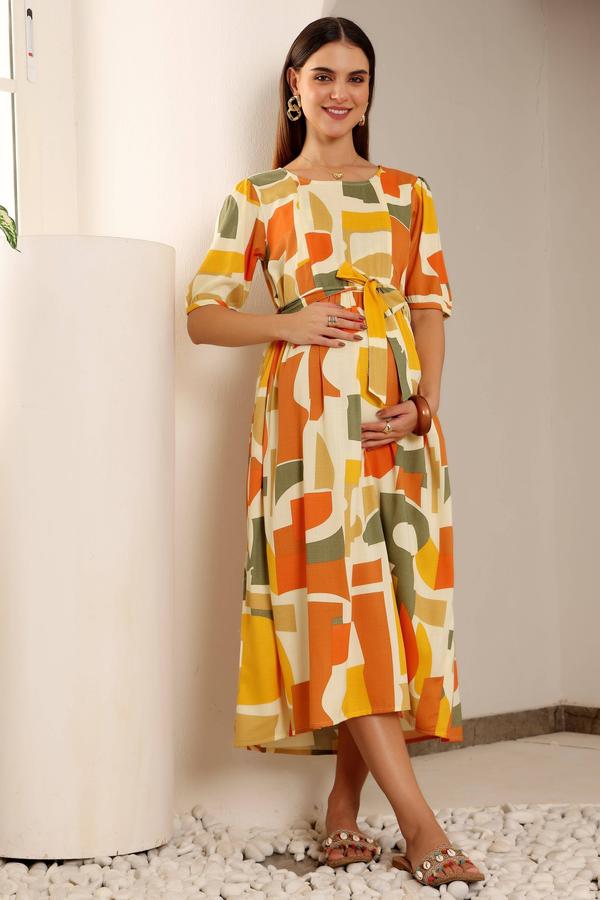 Maternity Feeding Dress With Puffed Sleeves. (Olive)