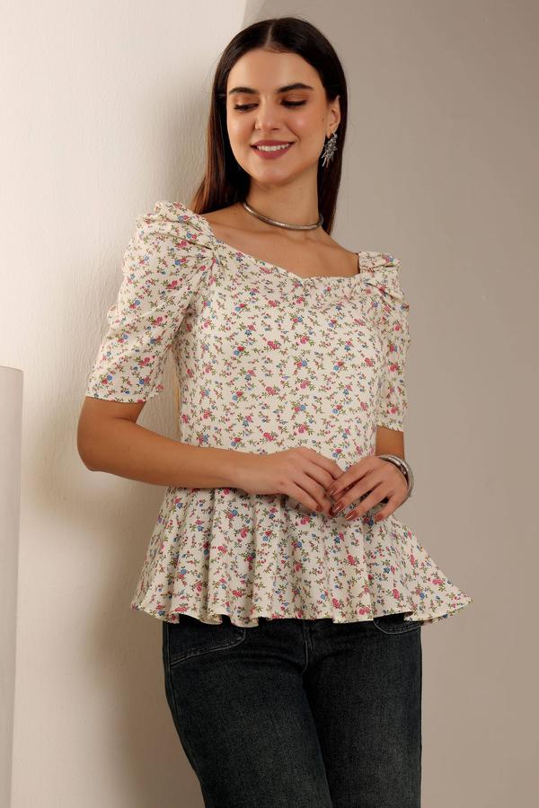 Summer Floral Peplum Top With Puffed Sleeves. (Pearl)