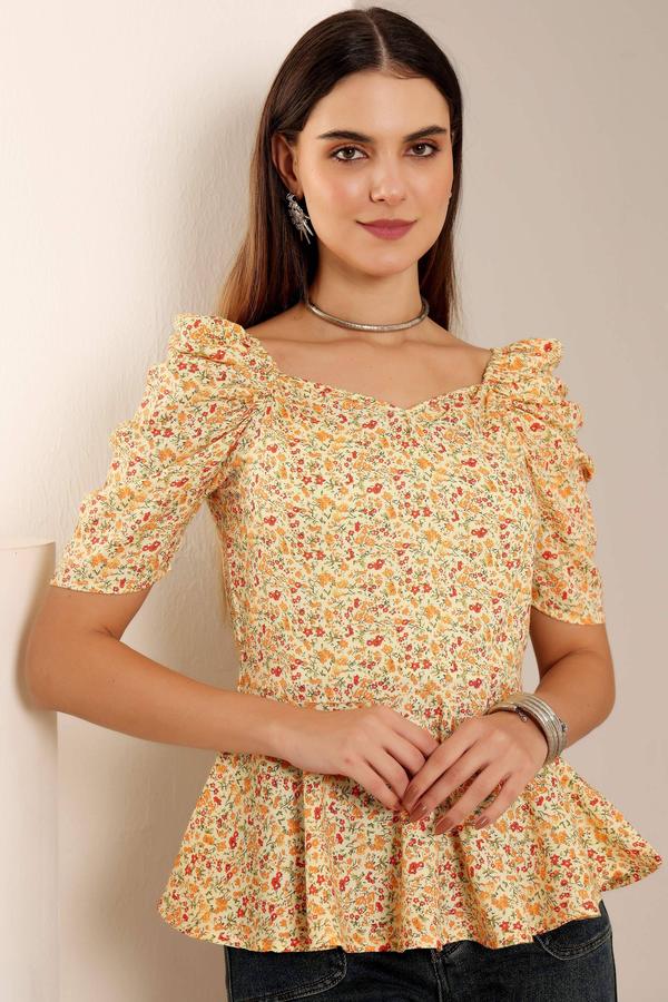 Summer Floral Peplum Top With Puffed Sleeves. (Lemon)