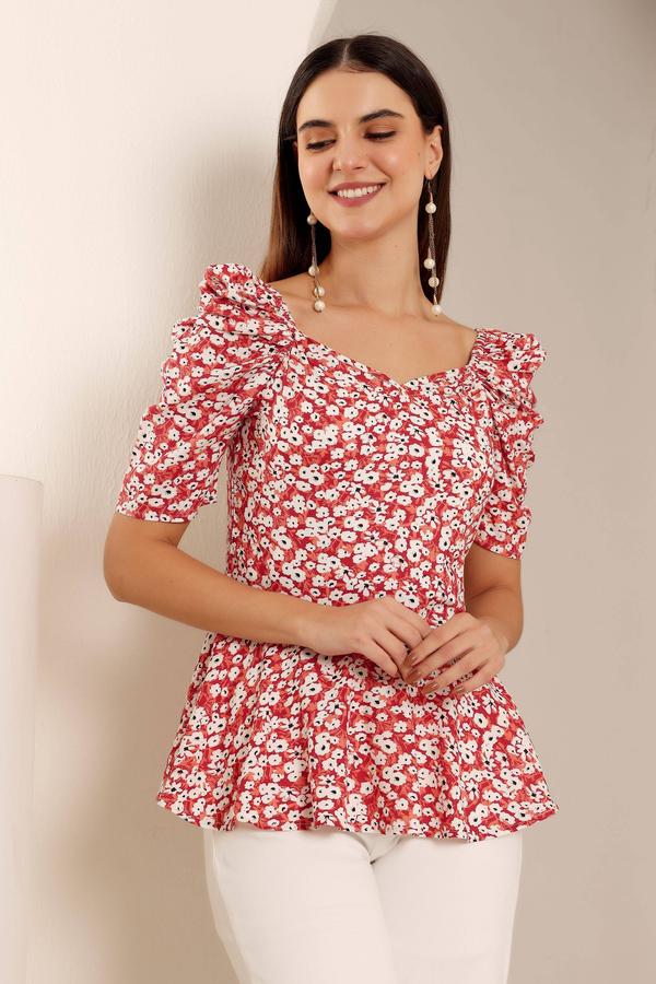 Summer Floral Peplum Top With Puffed Sleeves. (Floral)